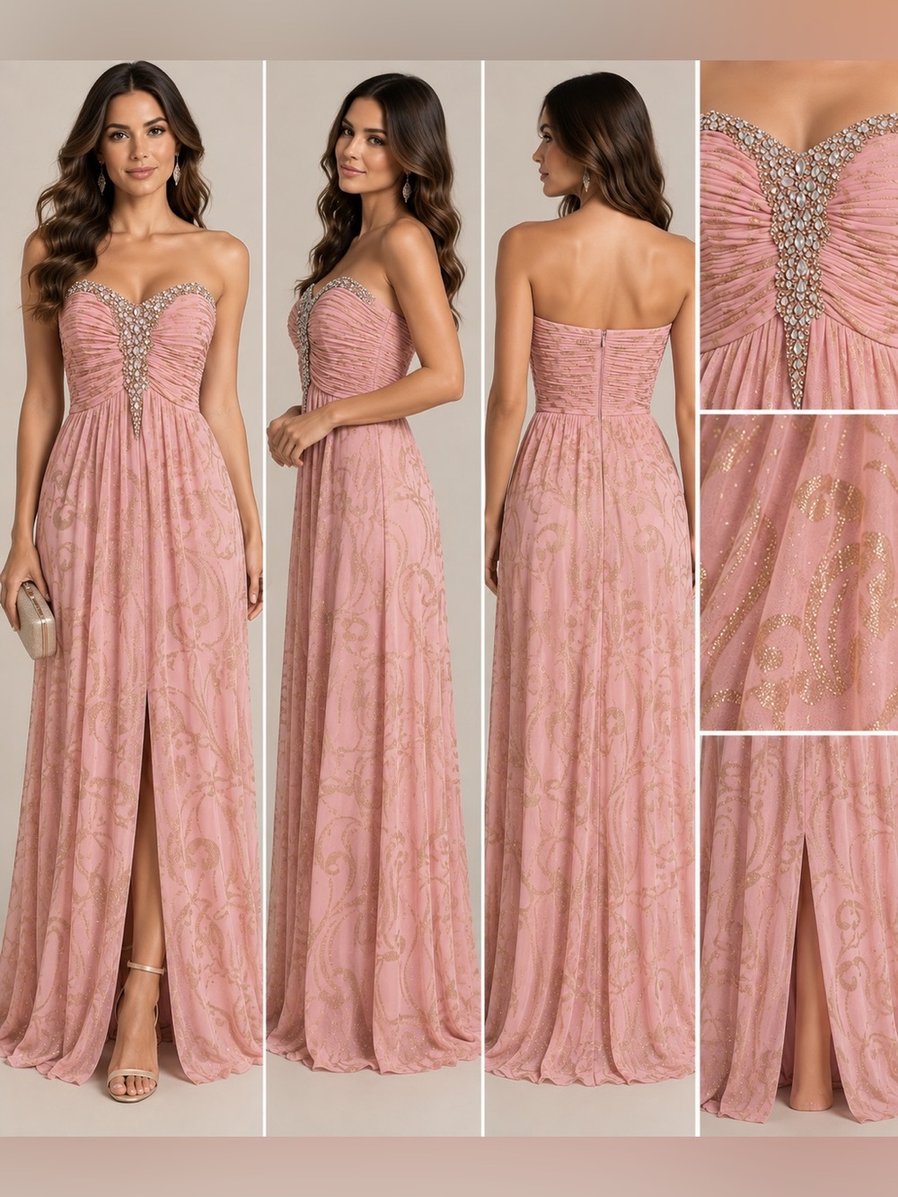 Decode Size 6 Pink Gold Rhinestone Strapless Formal Maxi Dress